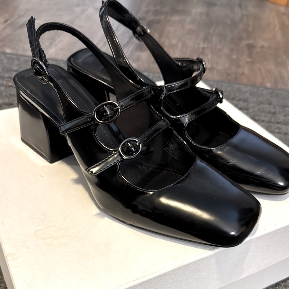 Bershka Black Patent Leather Slingback Heels